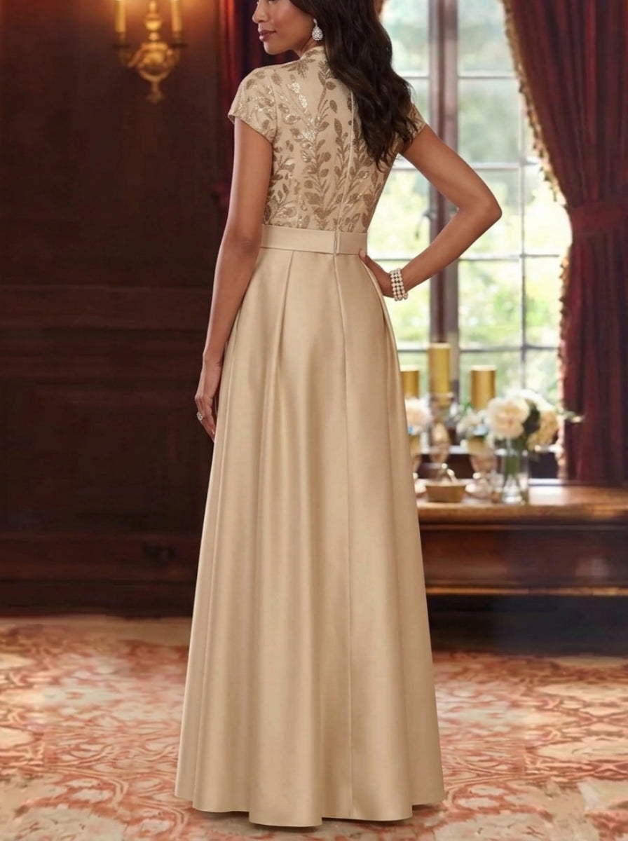 A-Line/Princess V-Neck Satin Mother of the Bride Dresses Short Sleeves Floor-Length Sequins With Belt