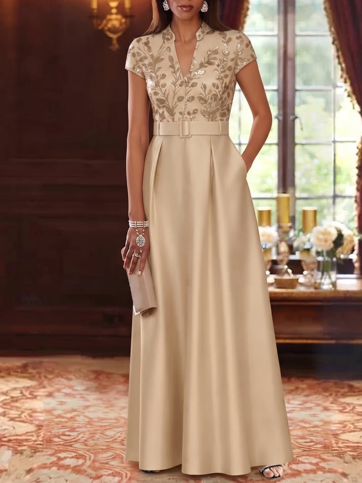 A-Line/Princess V-Neck Satin Mother of the Bride Dresses Short Sleeves Floor-Length Sequins With Belt