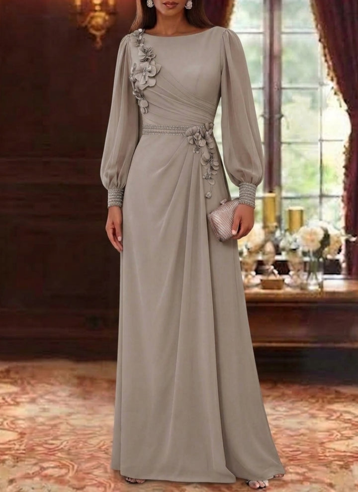 A-Line/Princess Scoop Chiffon Mother of the Bride Dresses Long Sleeves Floor-Length With 3D Flowers