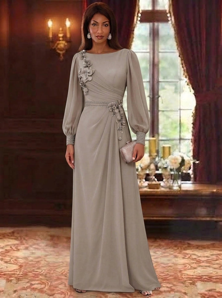 A-Line/Princess Scoop Chiffon Mother of the Bride Dresses Long Sleeves Floor-Length With 3D Flowers