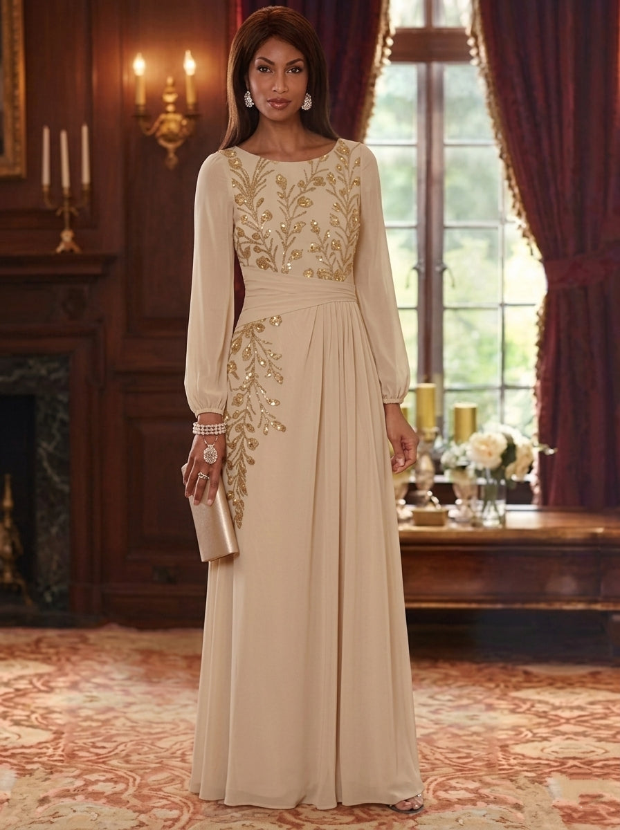 A-Line/Princess Scoop Chiffon Mother of the Bride Dresses Long Sleeves Floor-Length Sequins