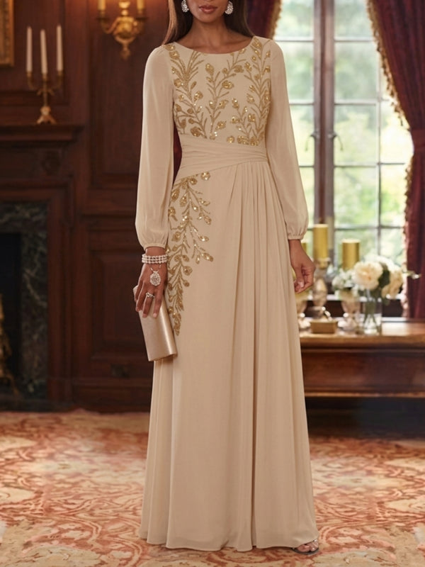 A-Line/Princess Scoop Chiffon Mother of the Bride Dresses Long Sleeves Floor-Length Sequins