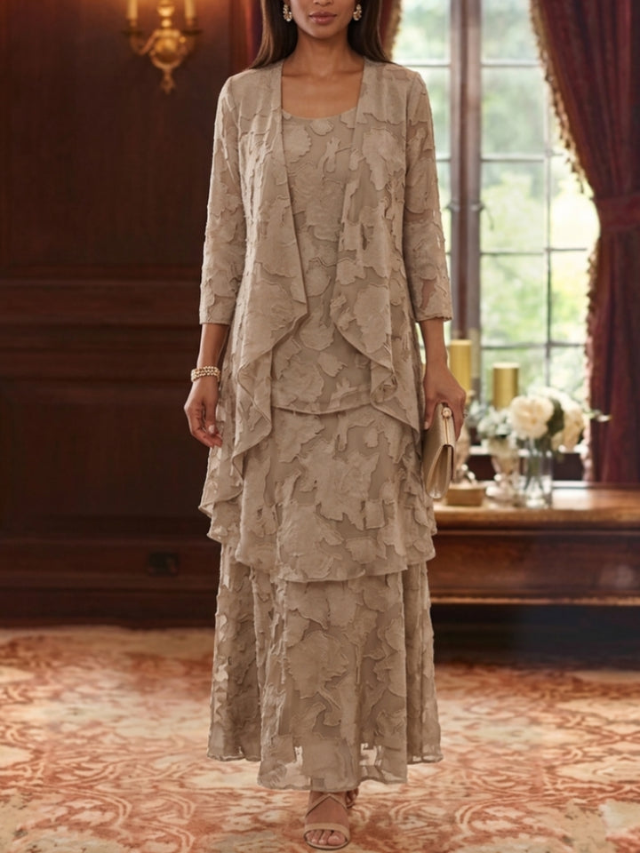 2 Pieces A-Line/Princess Scoop Chiffon Floral Mother of the Bride Dresses with Jacket 3/4 Sleeves Ruffles Ankle-Length