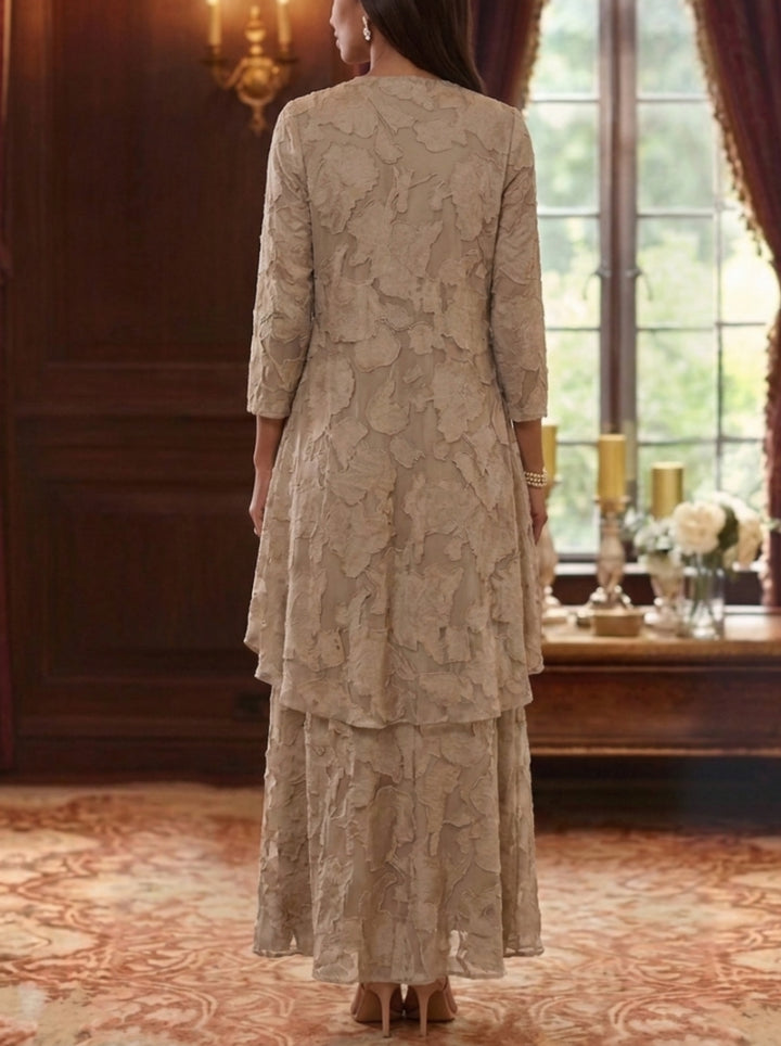 2 Pieces A-Line/Princess Scoop Chiffon Floral Mother of the Bride Dresses with Jacket 3/4 Sleeves Ruffles Ankle-Length