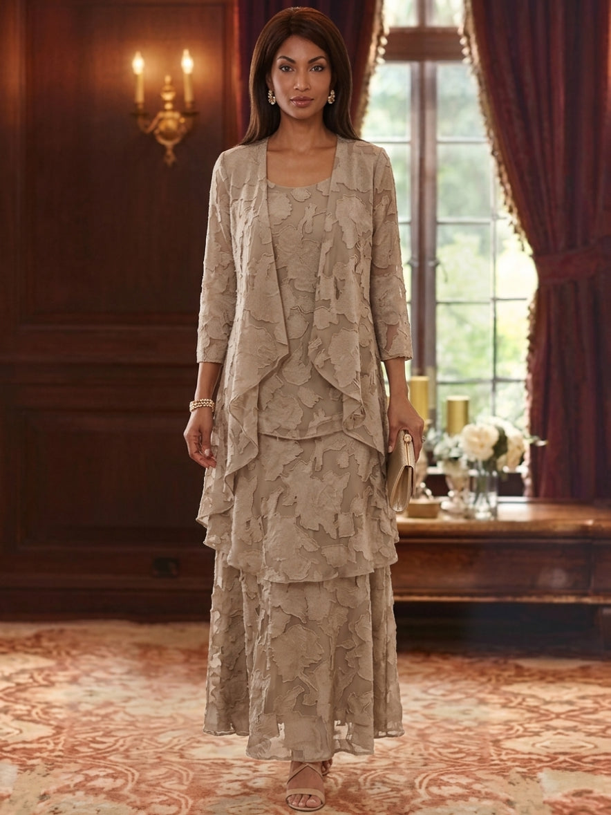 2 Pieces A-Line/Princess Scoop Chiffon Floral Mother of the Bride Dresses with Jacket 3/4 Sleeves Ruffles Ankle-Length