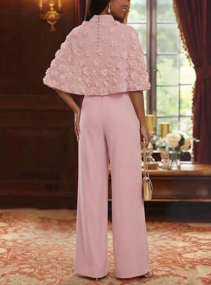 2 Piece Jumpsuits Mock Neck Chiffon Mother of the Bride Dresses with Wrap Sleeveless Floor-Length With 3D Flowers