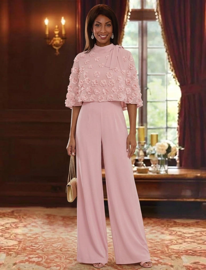 2 Piece Jumpsuits Mock Neck Chiffon Mother of the Bride Dresses with Wrap Sleeveless Floor-Length With 3D Flowers