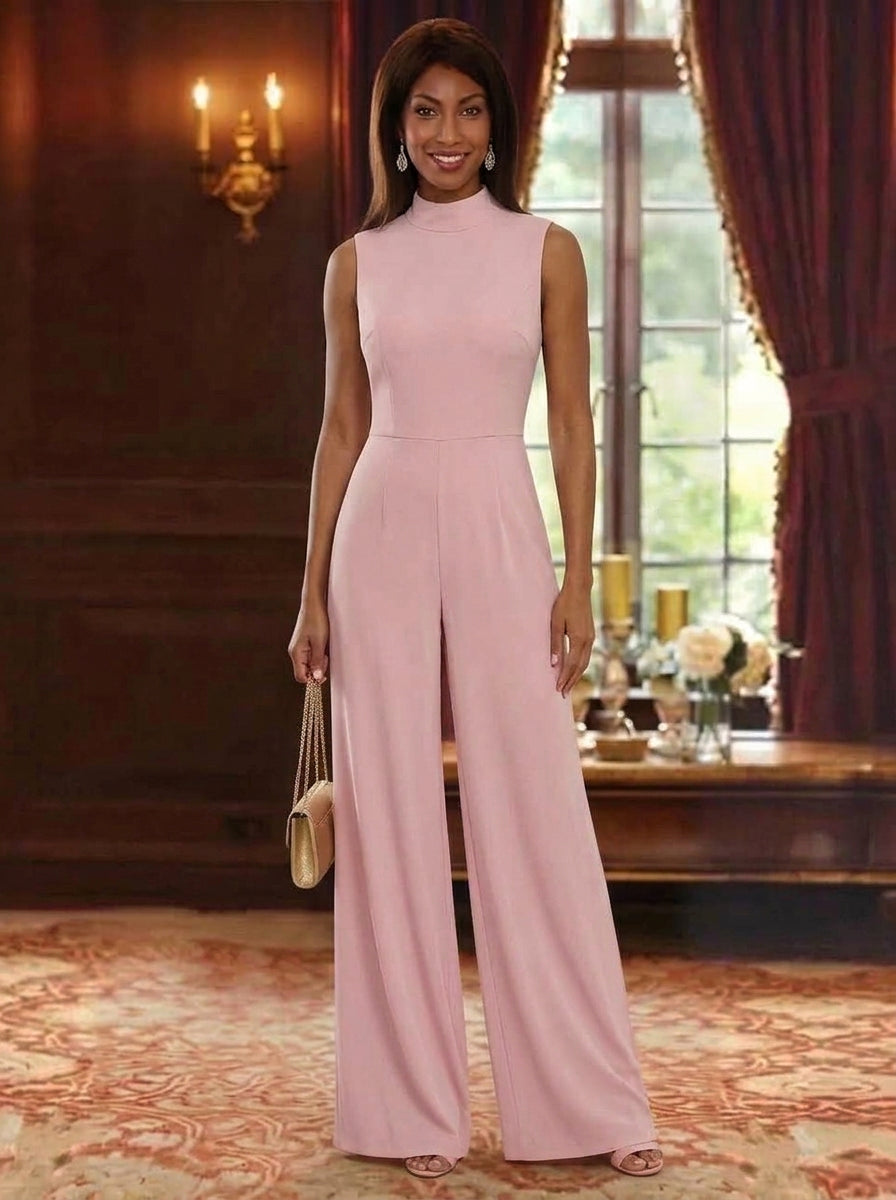 2 Piece Jumpsuits Mock Neck Chiffon Mother of the Bride Dresses with Wrap Sleeveless Floor-Length With 3D Flowers