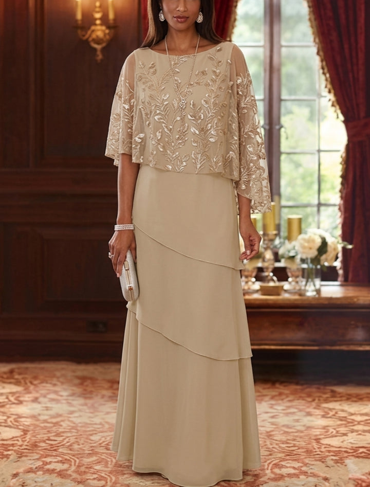 A-Line/Princess Scoop Chiffon Mother of the Bride Dresses Cape Sleeves Floor-Length Sequins Ruffles
