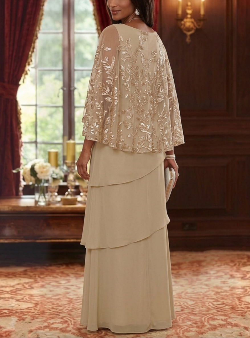 A-Line/Princess Scoop Chiffon Mother of the Bride Dresses Cape Sleeves Floor-Length Sequins Ruffles