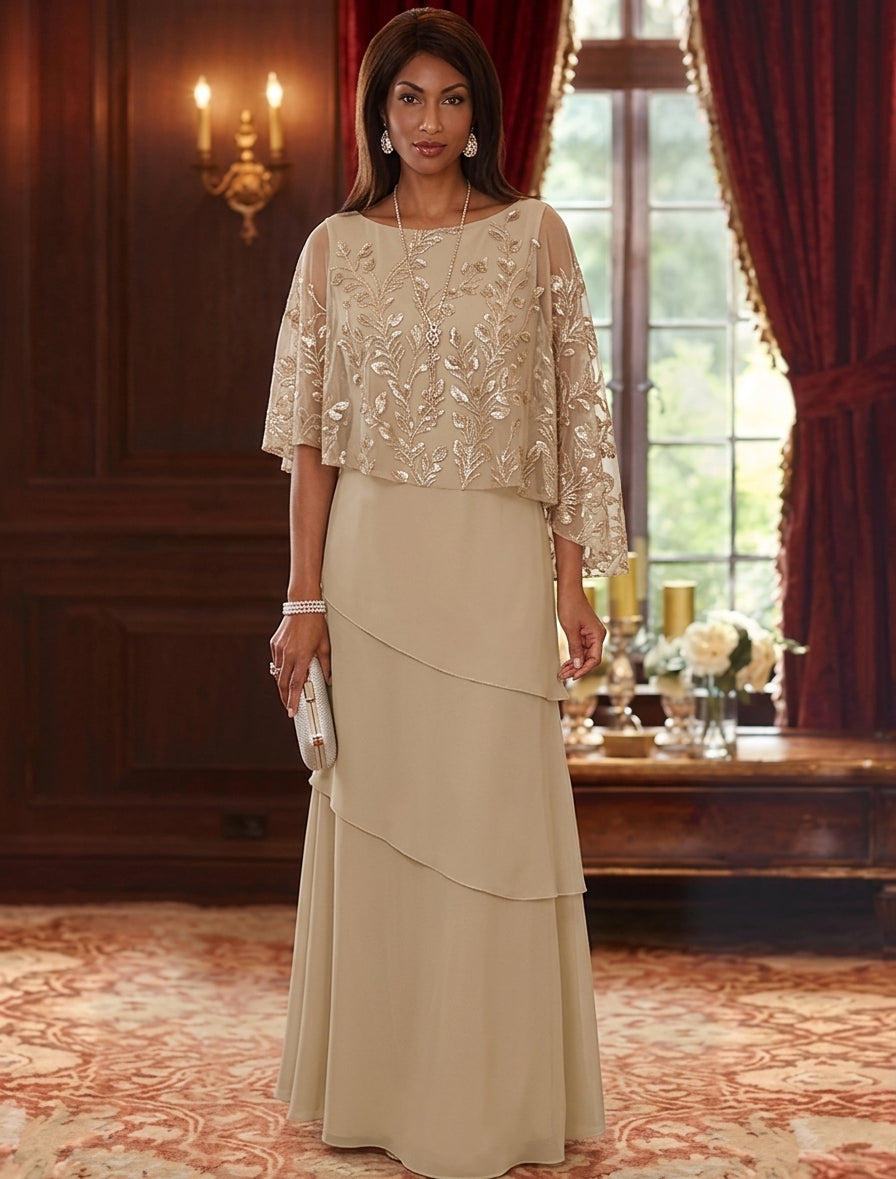 A-Line/Princess Scoop Chiffon Mother of the Bride Dresses Cape Sleeves Floor-Length Sequins Ruffles