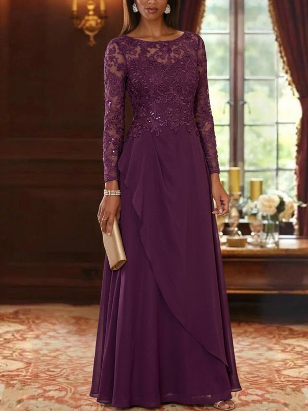 A-Line/Princess Scoop Chiffon Mother of the Bride Dresses Long Sleeves Floor-Length Floral Lace Ruffles