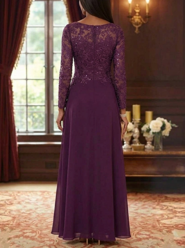 A-Line/Princess Scoop Chiffon Mother of the Bride Dresses Long Sleeves Floor-Length Floral Lace Ruffles