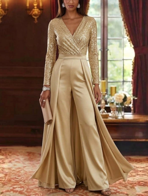 V-Neck Satin Mother of the Bride Jumpsuit with Overskirt Long Sleeves Floor-Length Sequins