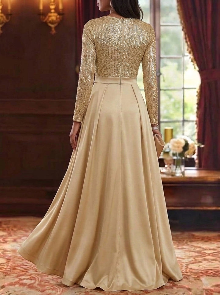 V-Neck Satin Mother of the Bride Jumpsuit with Overskirt Long Sleeves Floor-Length Sequins