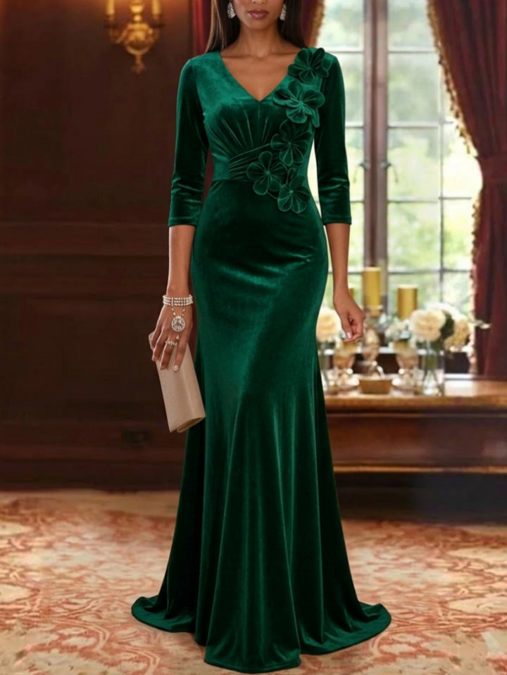 Trumpet/Mermaid V-Neck Velvet Mother of the Bride Dresses with 3D Flowers 3/4 Sleeves Floor-Length