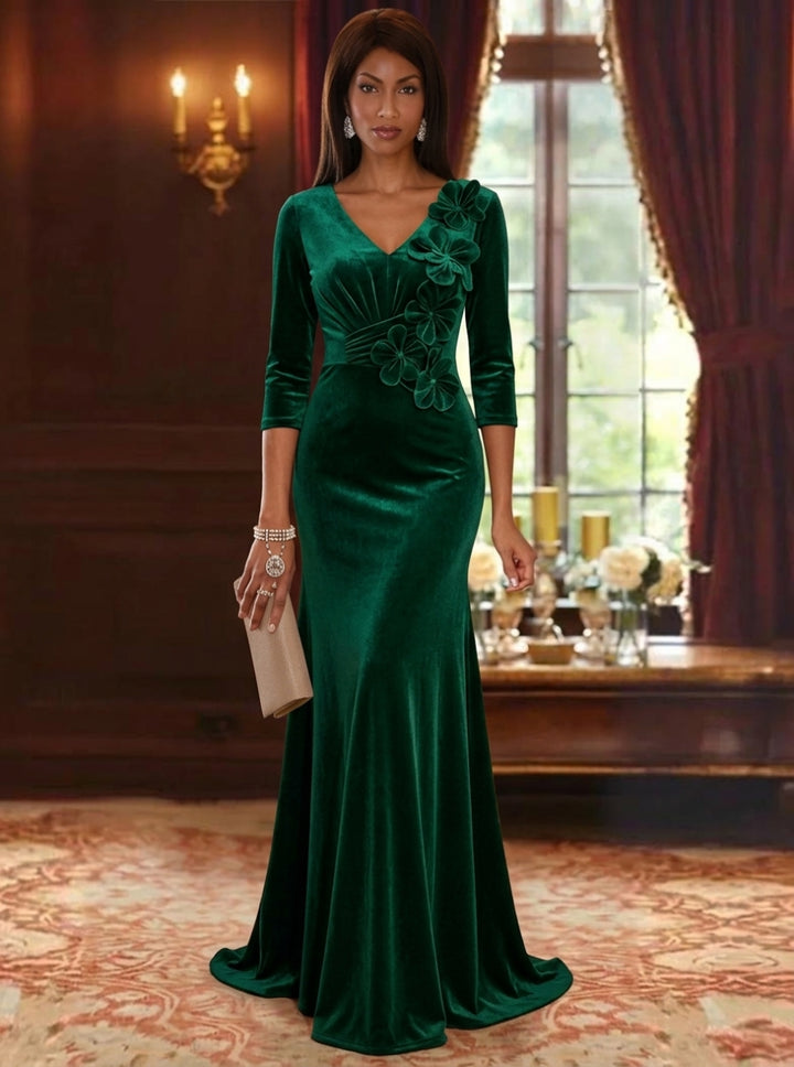 Trumpet/Mermaid V-Neck Velvet Mother of the Bride Dresses with 3D Flowers 3/4 Sleeves Floor-Length
