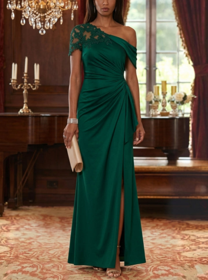 Sheath/Column One-Shoulder Satin Mother of the Bride Dresses with Split Side Lace Ruched Floor-Length Sleeveless