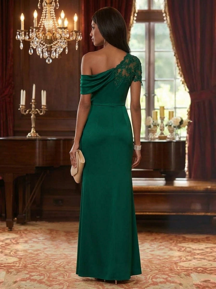 Sheath/Column One-Shoulder Satin Mother of the Bride Dresses with Split Side Lace Ruched Floor-Length Sleeveless
