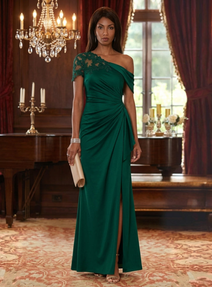 Sheath/Column One-Shoulder Satin Mother of the Bride Dresses with Split Side Lace Ruched Floor-Length Sleeveless