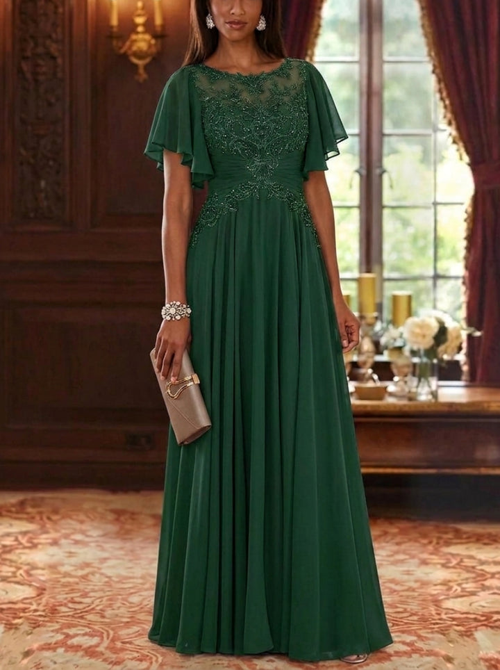 A-Line/Princess Scoop Chiffon Mother of the Bride Dresses Short Sleeves Floor-Length Lace Floral