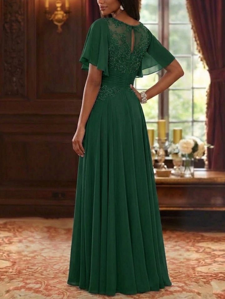 A-Line/Princess Scoop Chiffon Mother of the Bride Dresses Short Sleeves Floor-Length Lace Floral