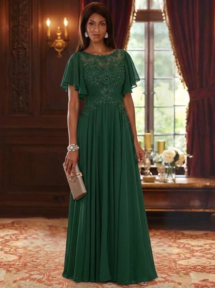A-Line/Princess Scoop Chiffon Mother of the Bride Dresses Short Sleeves Floor-Length Lace Floral