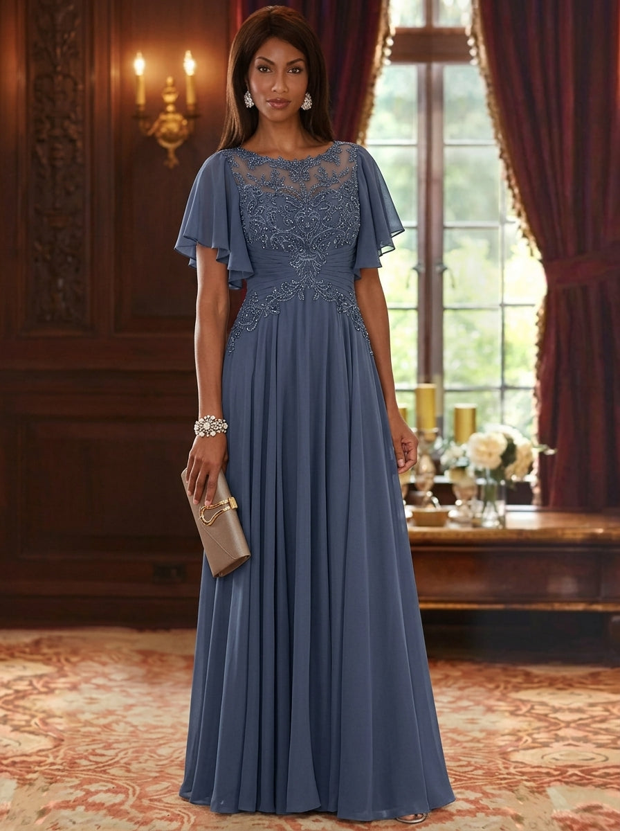 A-Line/Princess Scoop Chiffon Mother of the Bride Dresses Short Sleeves Floor-Length Lace Floral