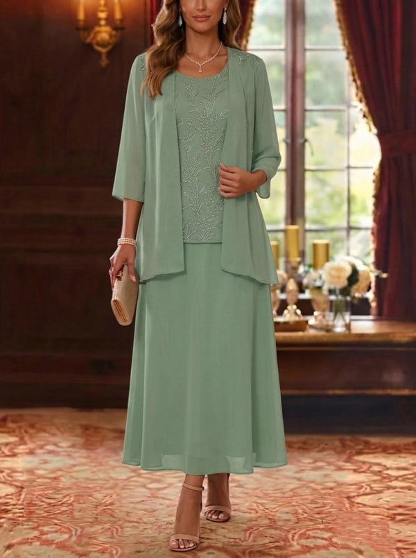 2 Pieces A-Line/Princess Scoop Chiffon Mother of the Bride Dresses with Jacket 3/4 Sleeves Ankle-Length Lace Floral