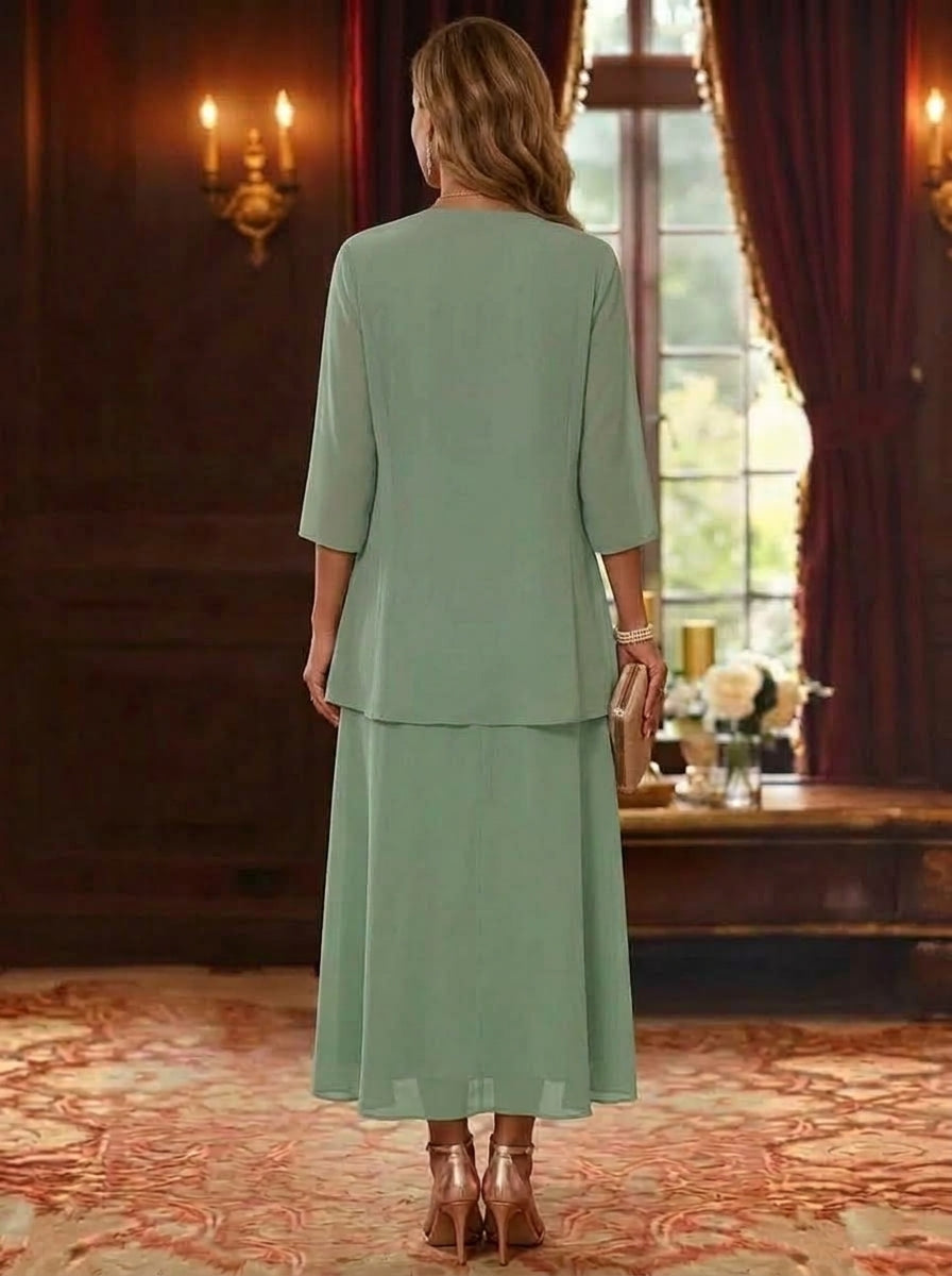 2 Pieces A-Line/Princess Scoop Chiffon Mother of the Bride Dresses with Jacket 3/4 Sleeves Ankle-Length Lace Floral