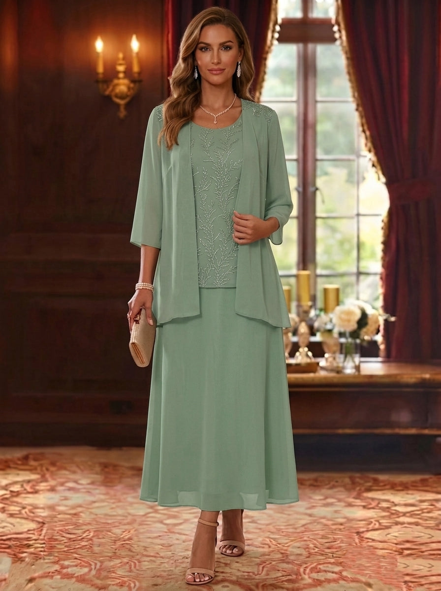 2 Pieces A-Line/Princess Scoop Chiffon Mother of the Bride Dresses with Jacket 3/4 Sleeves Ankle-Length Lace Floral