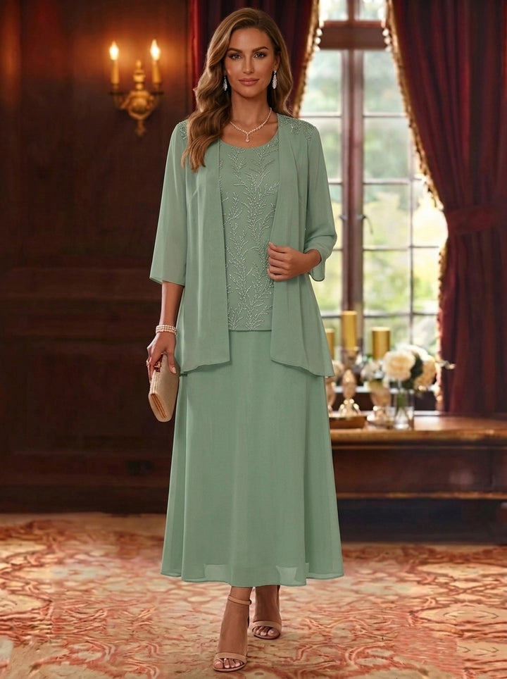 2 Pieces A-Line/Princess Scoop Chiffon Mother of the Bride Dresses with Jacket 3/4 Sleeves Ankle-Length Lace Floral