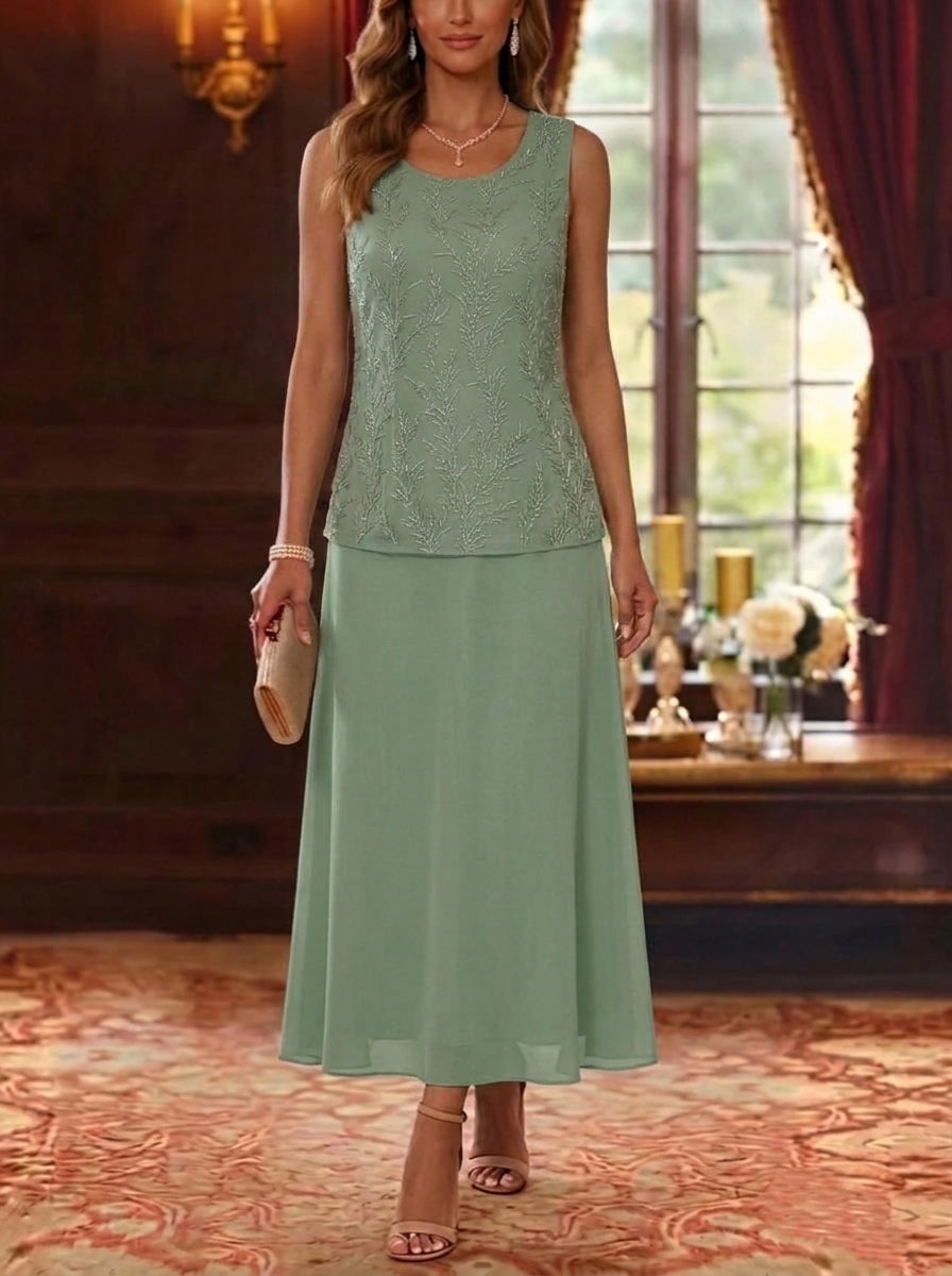 2 Pieces A-Line/Princess Scoop Chiffon Mother of the Bride Dresses with Jacket 3/4 Sleeves Ankle-Length Lace Floral