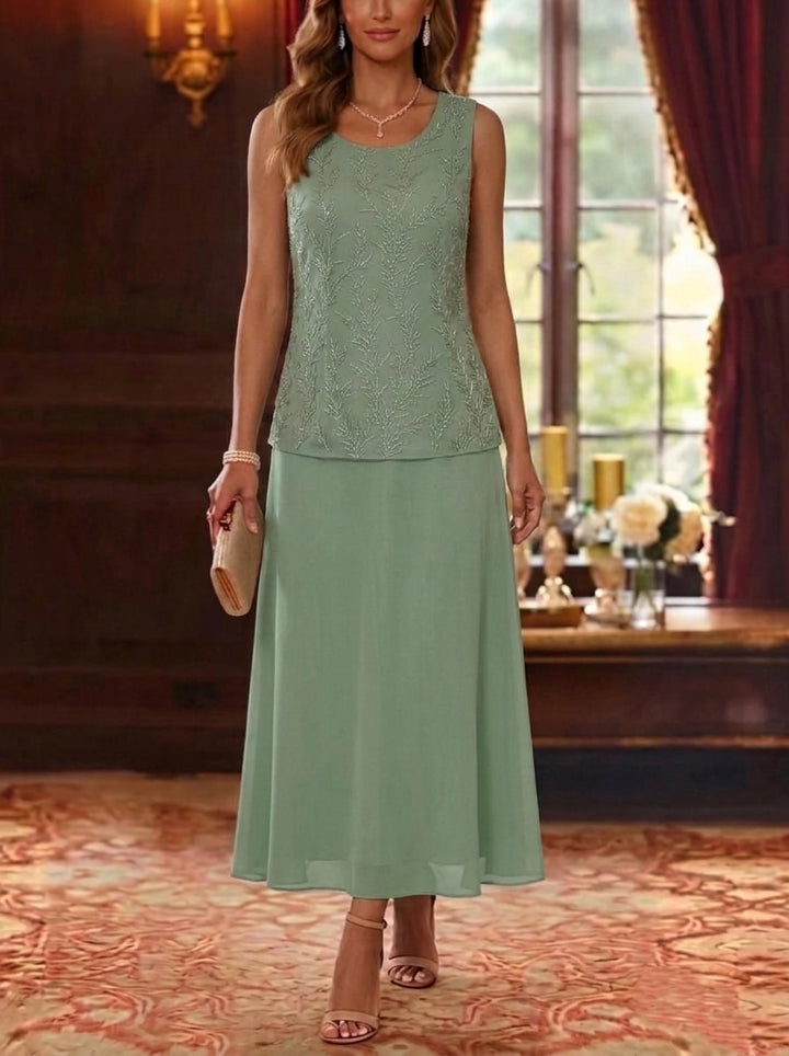 2 Pieces A-Line/Princess Scoop Chiffon Mother of the Bride Dresses with Jacket 3/4 Sleeves Ankle-Length Lace Floral