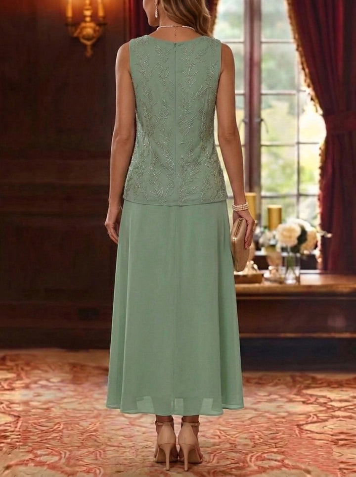 2 Pieces A-Line/Princess Scoop Chiffon Mother of the Bride Dresses with Jacket 3/4 Sleeves Ankle-Length Lace Floral