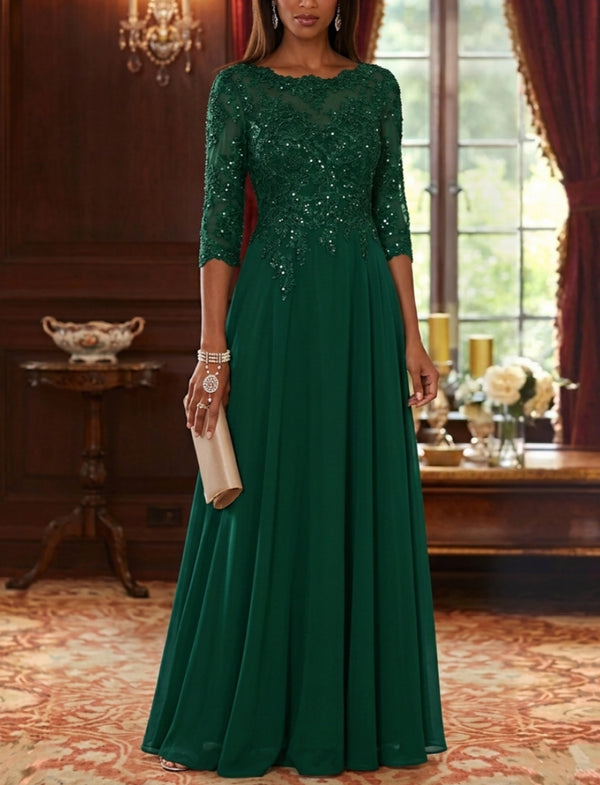 A-Line/Princess Scoop Chiffon Mother of the Bride Dresses 3/4 Sleeves Floor-Length Lace Sequins