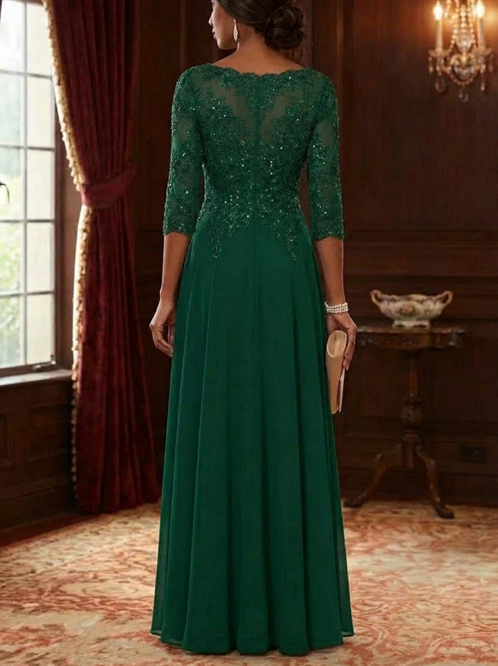 A-Line/Princess Scoop Chiffon Mother of the Bride Dresses 3/4 Sleeves Floor-Length Lace Sequins