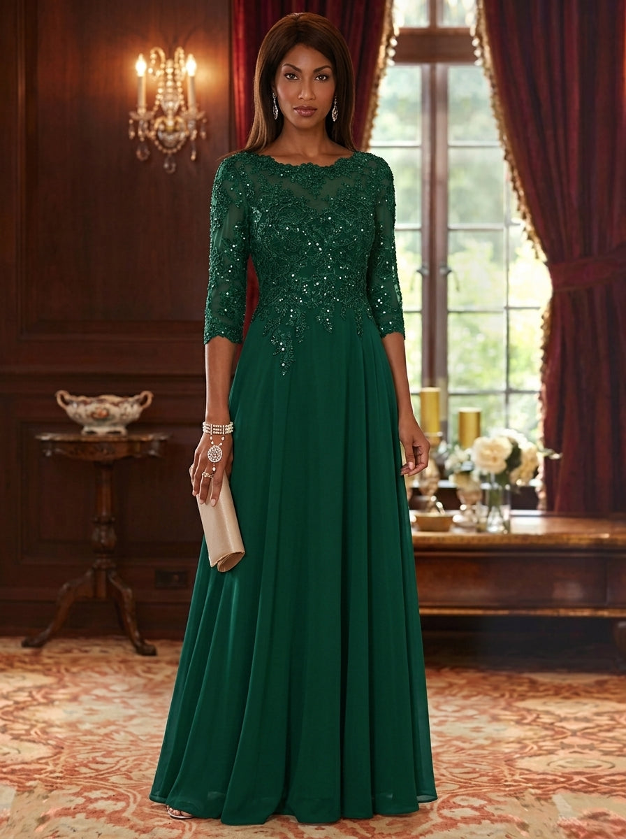 A-Line/Princess Scoop Chiffon Mother of the Bride Dresses 3/4 Sleeves Floor-Length Lace Sequins