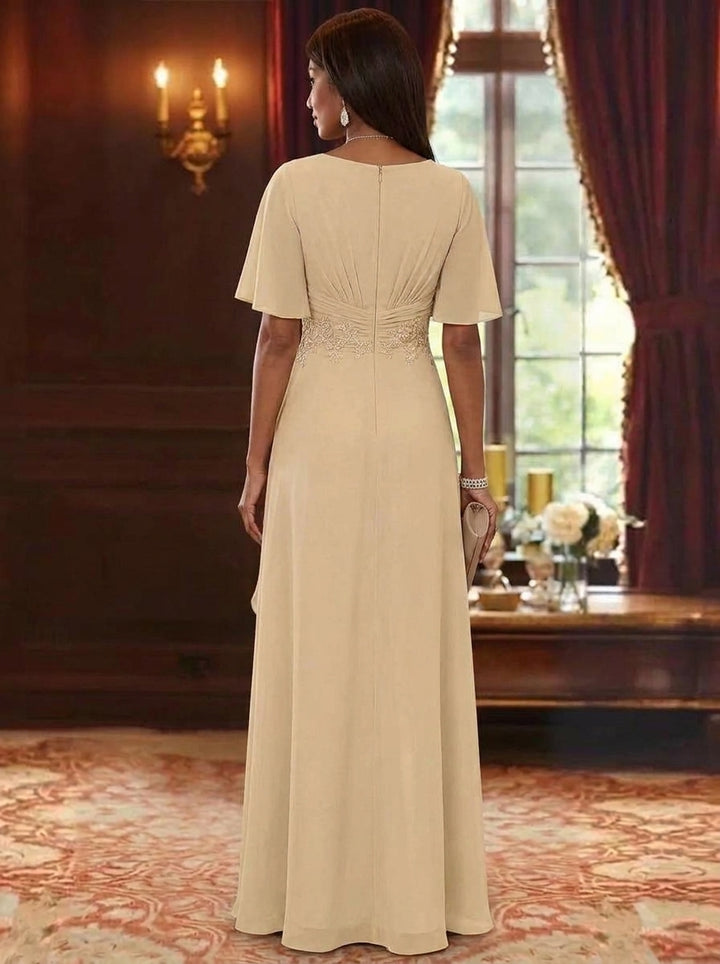 A-Line/Princess V-Neck Chiffon Mother of the Bride Dresses Short Sleeves Ruffles Floor-Length Lace Floral