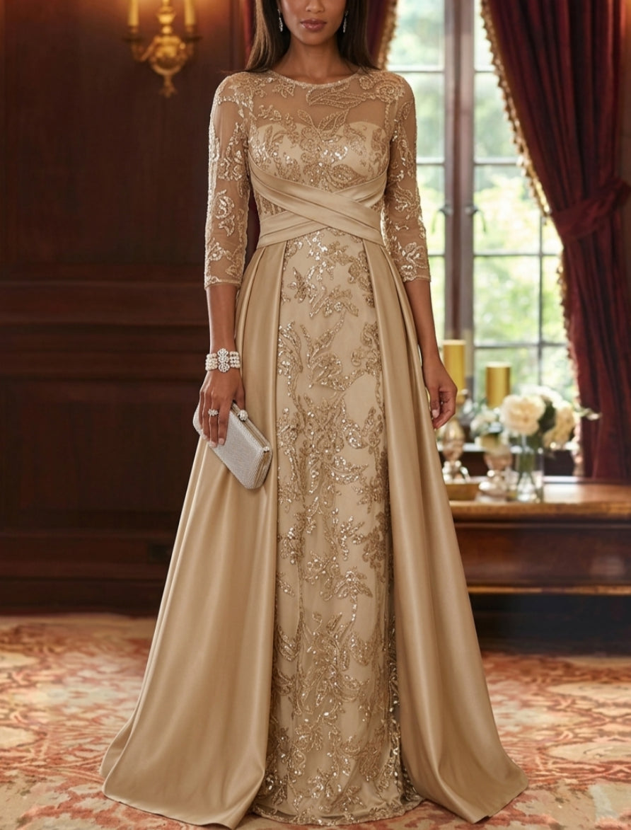 A-Line/Princess Scoop Satin Mother of the Bride Dresses with Overskirt 3/4 Sleeves Floor-Length Sequins
