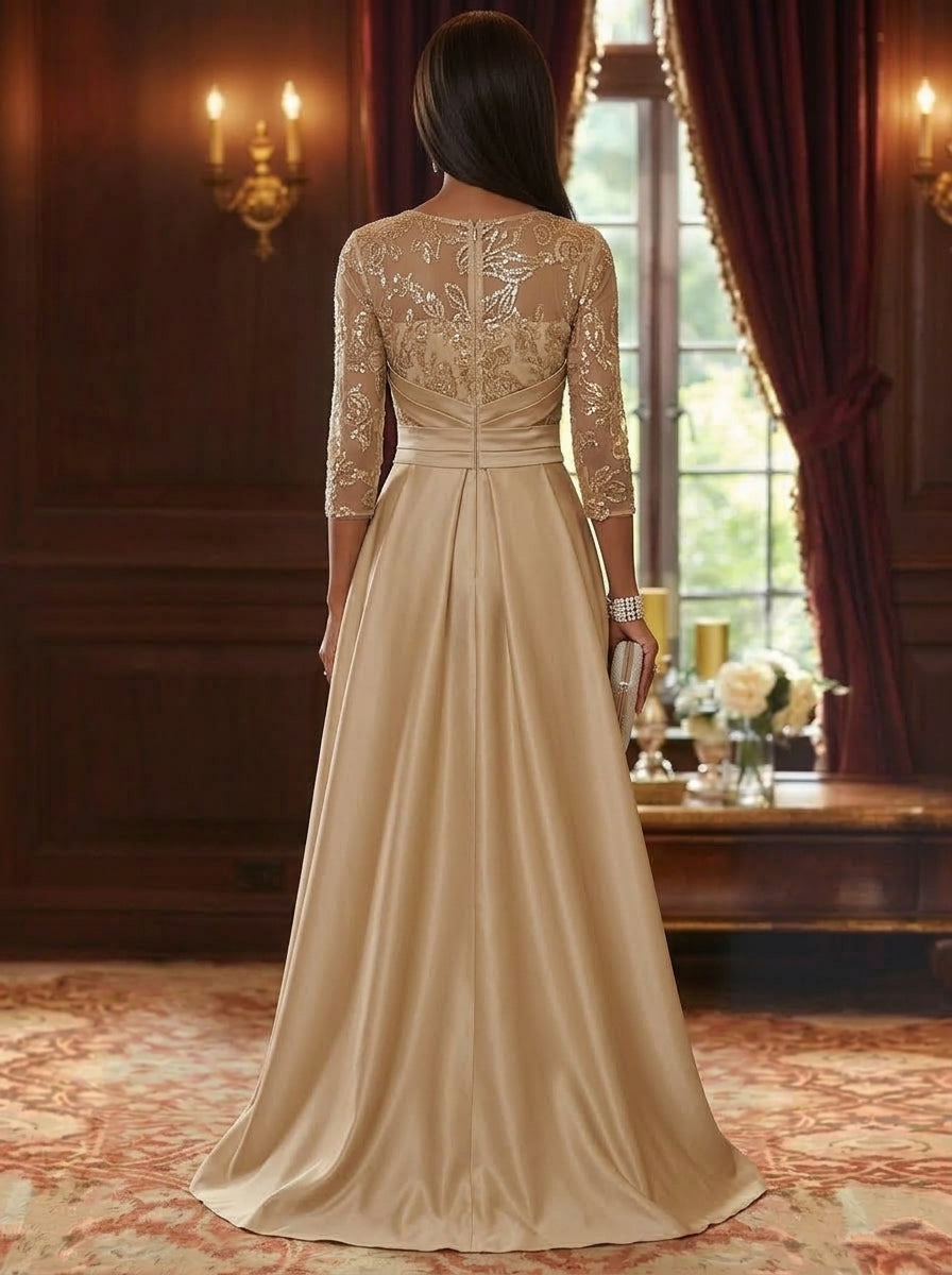 A-Line/Princess Scoop Satin Mother of the Bride Dresses with Overskirt 3/4 Sleeves Floor-Length Sequins
