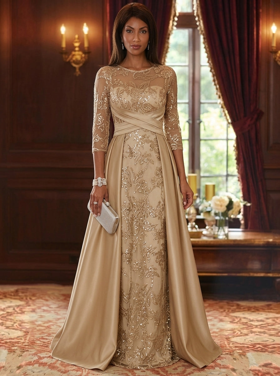 A-Line/Princess Scoop Satin Mother of the Bride Dresses with Overskirt 3/4 Sleeves Floor-Length Sequins