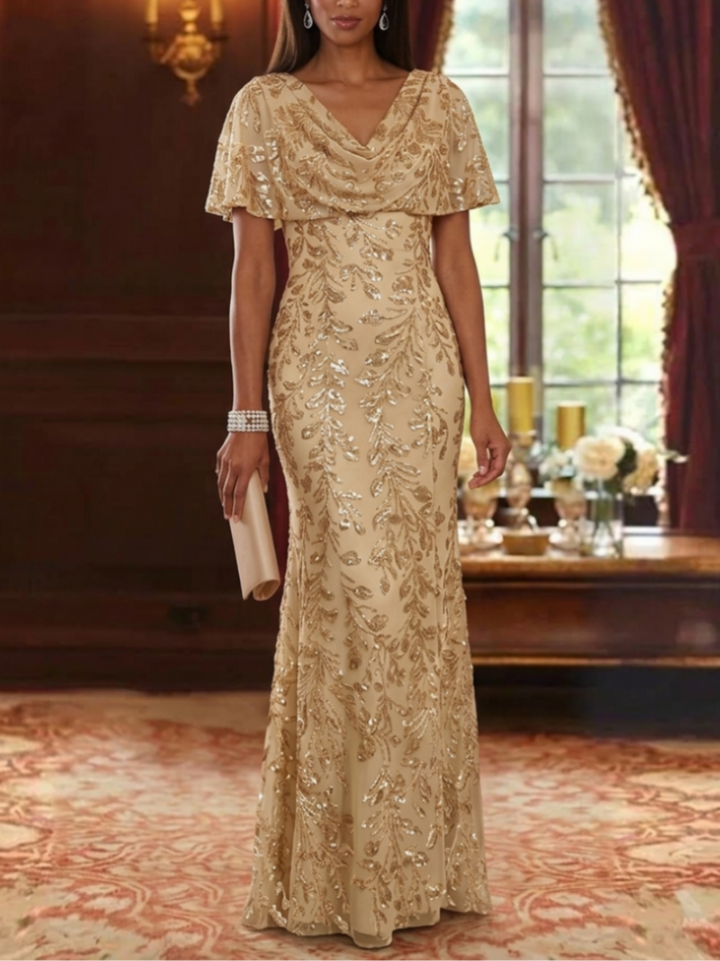 Sheath/Column Cowl Neck Sequins Mother of the Bride Dresses Cape Sleeves Floor-Length
