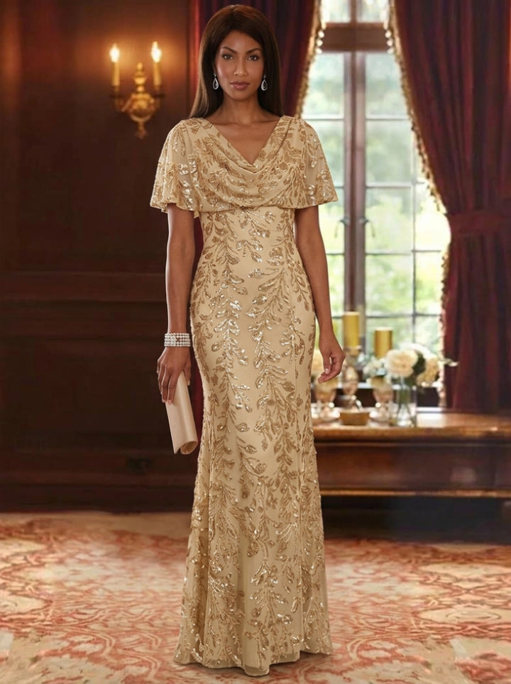 Sheath/Column Cowl Neck Sequins Mother of the Bride Dresses Cape Sleeves Floor-Length