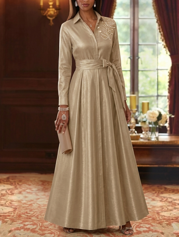 A-Line/Princess V-Neck Taffeta Mother of the Bride Dresses Sequins Long Sleeves Floor-Length