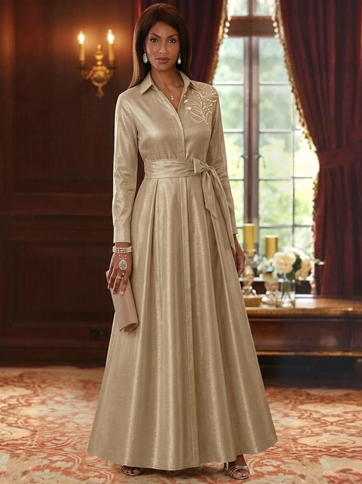 A-Line/Princess V-Neck Taffeta Mother of the Bride Dresses Sequins Long Sleeves Floor-Length