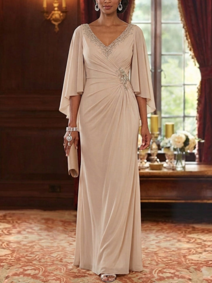 A-Line/Princess V-Neck Chiffon Mother of the Bride Dresses 3/4 Sleeves Ruched Beading Floor-Length