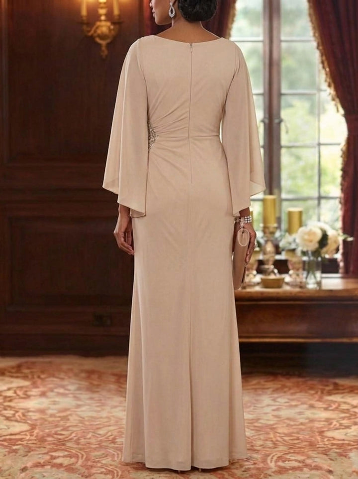 A-Line/Princess V-Neck Chiffon Mother of the Bride Dresses 3/4 Sleeves Ruched Beading Floor-Length