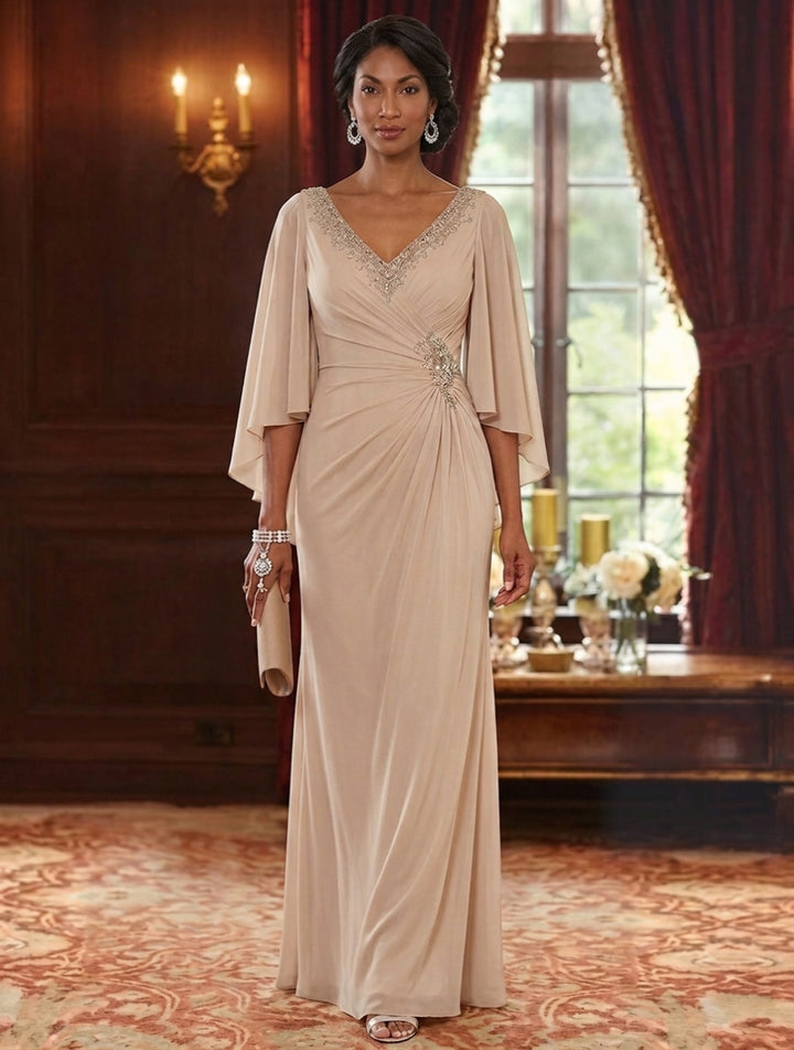 A-Line/Princess V-Neck Chiffon Mother of the Bride Dresses 3/4 Sleeves Ruched Beading Floor-Length