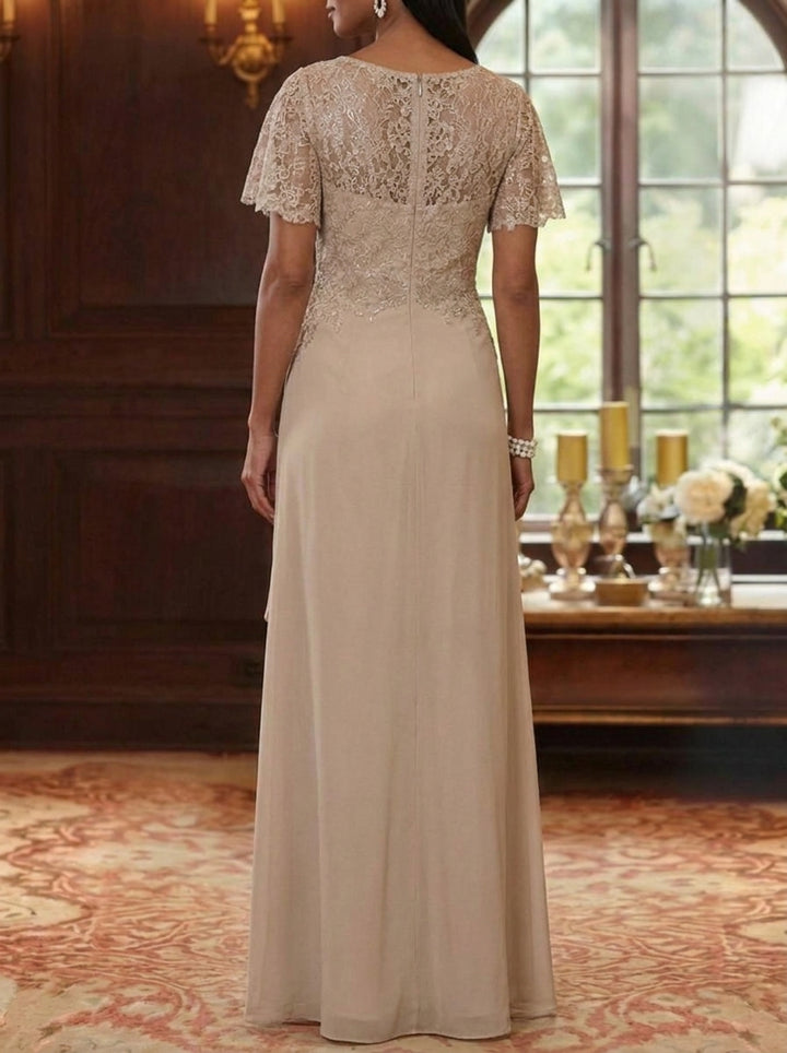 A-Line/Princess V-Neck Chiffon Mother of the Bride Dresses Short Sleeves Lace Floral Ruffles Floor-Length
